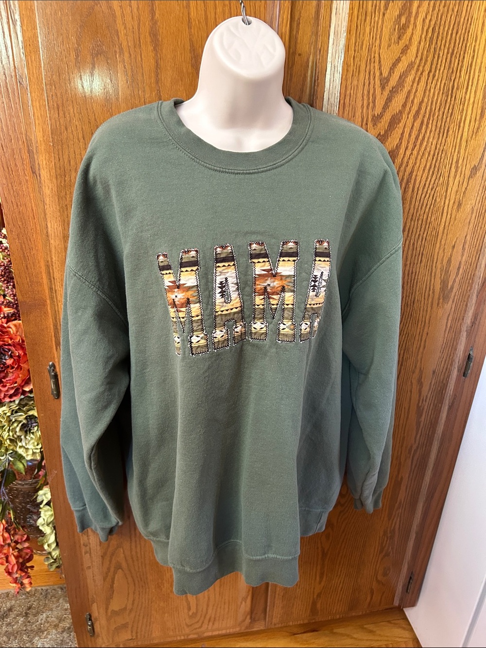 Gildan Forest Green Crewneck Sweatshirt with Patterned "MAMA" Applique